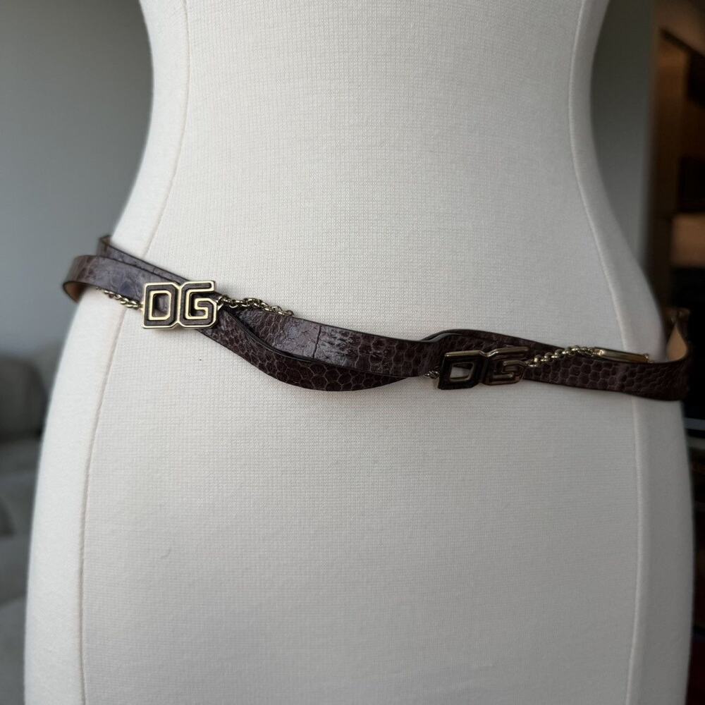 Dolce & Gabbana Brown Embossed Leather DG Logo Chain Belt